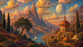 GRID THUMBNAIL — Fantasy landscape with spired mountains, glowing golden clouds, a vast cratered moon, river with sailboats, ornate red pavilion, tents, cypress and a clustered riverside city.