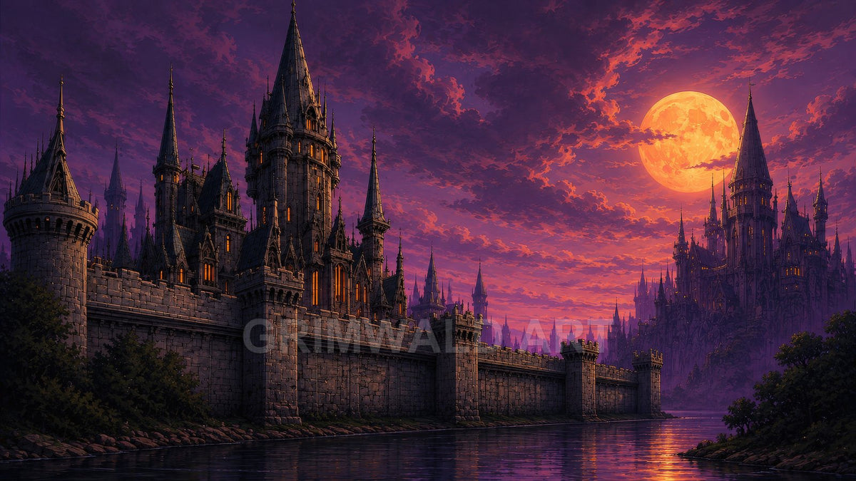 Vast Gothic castle with tall spires and glowing windows beside a calm river, under a huge orange full moon in a purple twilight sky.