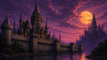 GRID THUMBNAIL — Vast Gothic castle with tall spires and glowing windows beside a calm river, under a huge orange full moon in a purple twilight sky.