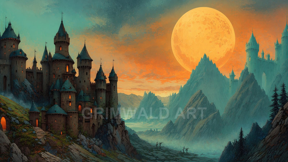 Illustrated fantasy landscape of turreted castles on mountain slopes beneath a vast orange moon, misty valley and pine ridges at sunset.