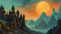 GRID THUMBNAIL — Illustrated fantasy landscape of turreted castles on mountain slopes beneath a vast orange moon, misty valley and pine ridges at sunset.