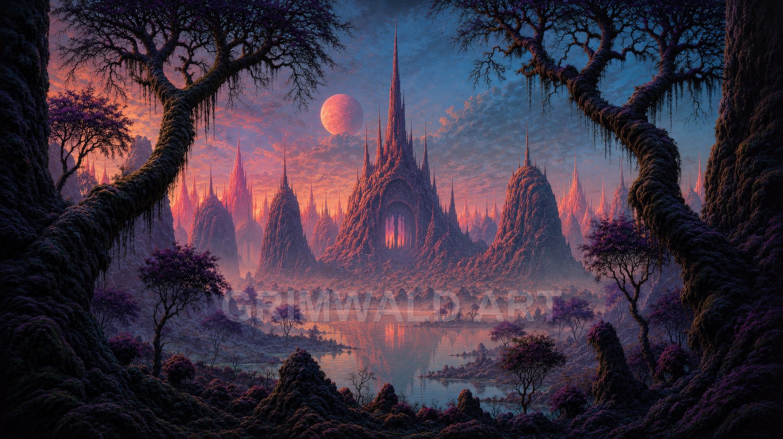 A fantastical spired citadel rises from rocky peaks above a reflective lake, framed by gnarled trees, under a pink twilight sky with a moon.