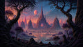 GRID THUMBNAIL — A fantastical spired citadel rises from rocky peaks above a reflective lake, framed by gnarled trees, under a pink twilight sky with a moon.