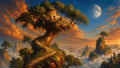 GRID THUMBNAIL — Fantasy landscape of a winding stairway leading to a tree-top stone house above cloud-wrapped peaks, under orange sunset clouds and a rising moon.