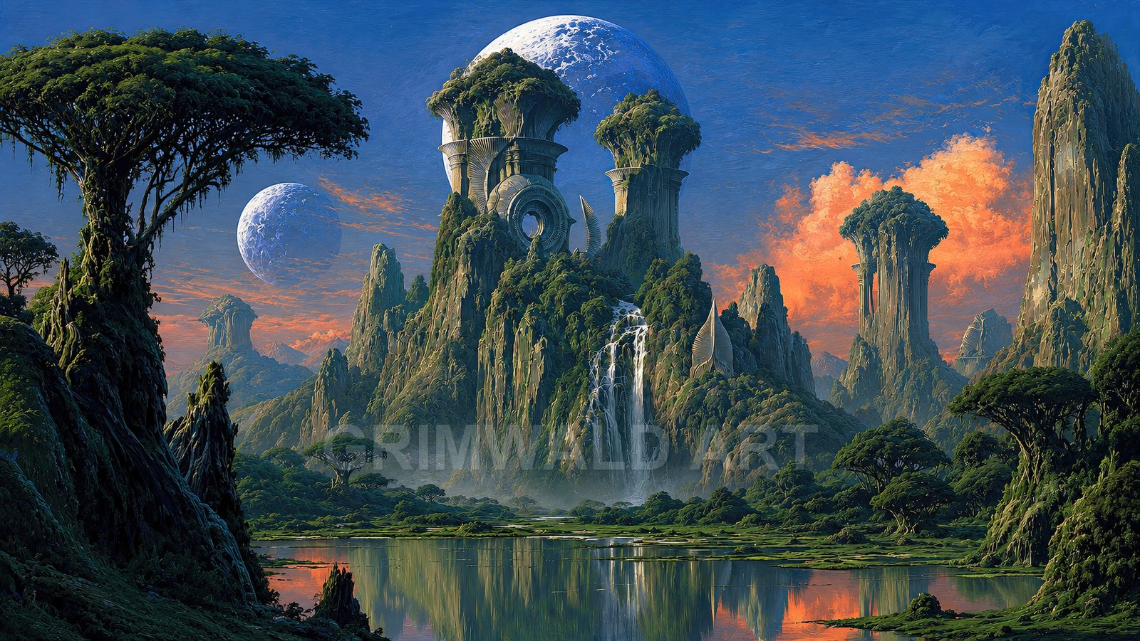 Lush alien landscape with towering green-clad stone spires, cascading waterfall, reflective lake, and two large moons against a blue sky with orange clouds.