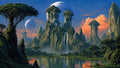 GRID THUMBNAIL — Lush alien landscape with towering green-clad stone spires, cascading waterfall, reflective lake, and two large moons against a blue sky with orange clouds.