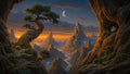 GRID THUMBNAIL — Fantastical mountain spires at sunset with a twisted ancient tree in foreground, crescent moon above, blue glowing portals and winding river valleys.