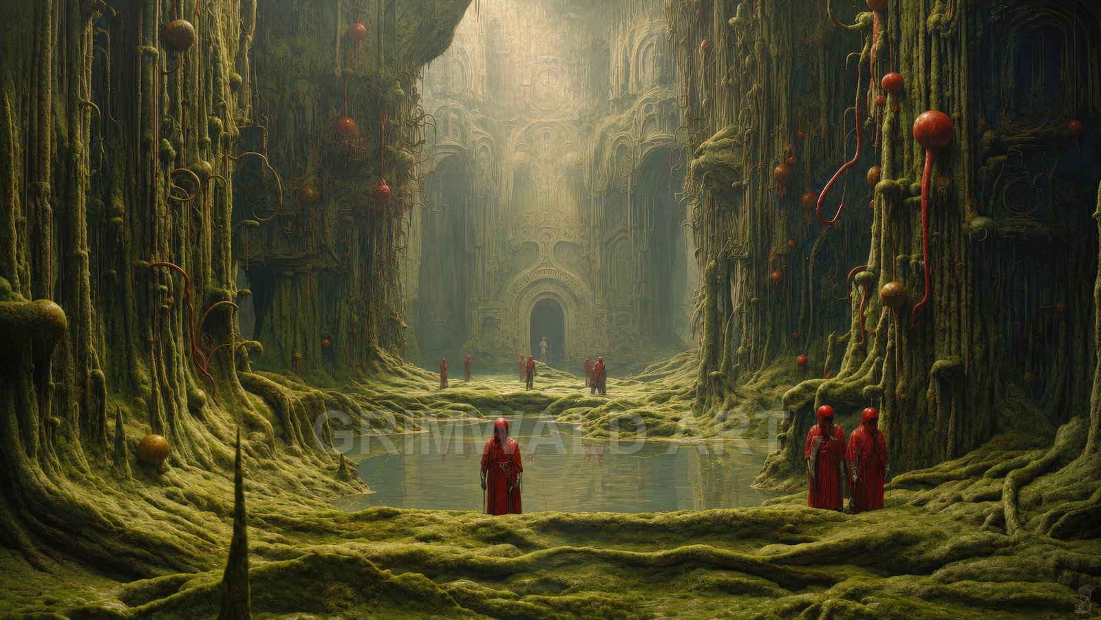 A vast moss-covered cavern with an ornate gateway, still pools, hanging red orbs and scattered red-robed figures under pale shafts of daylight.