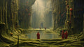 GRID THUMBNAIL — A vast moss-covered cavern with an ornate gateway, still pools, hanging red orbs and scattered red-robed figures under pale shafts of daylight.