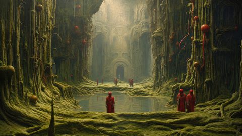 GRID THUMBNAIL — A vast moss-covered cavern with an ornate gateway, still pools, hanging red orbs and scattered red-robed figures under pale shafts of daylight.
