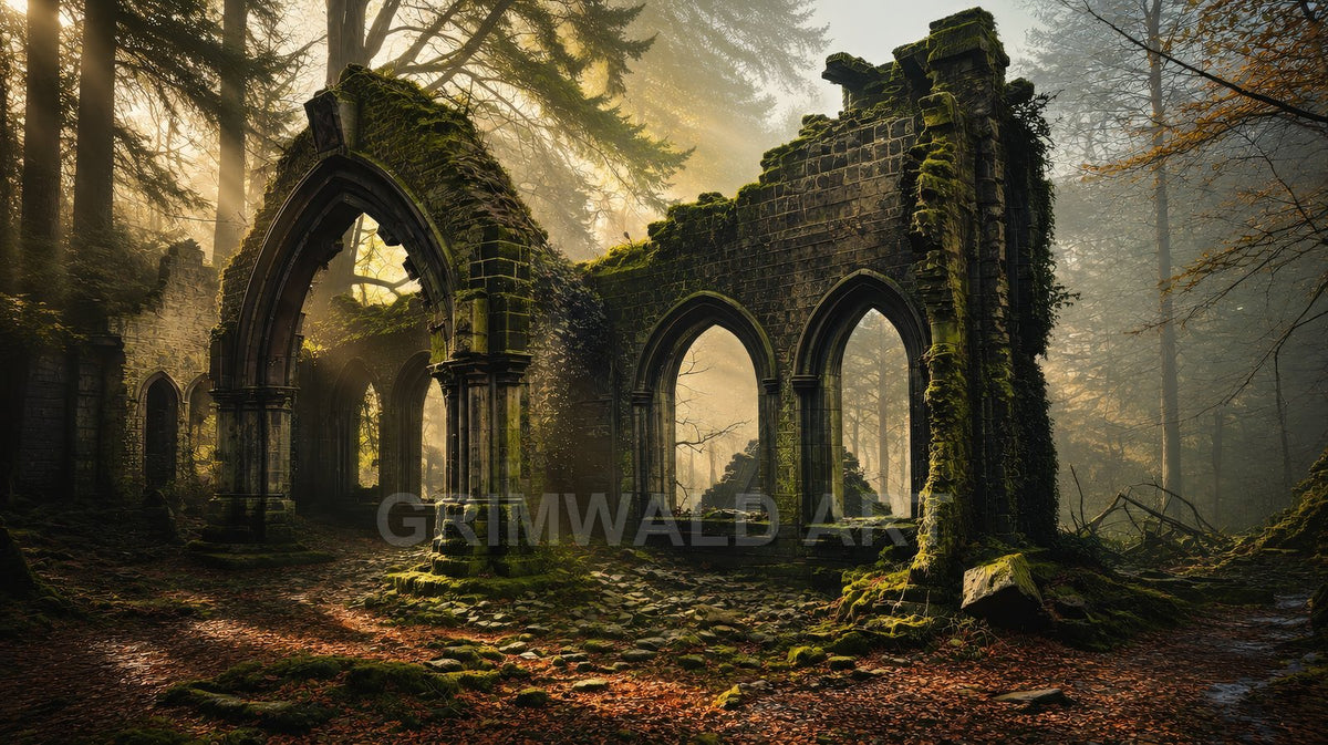 Moss-covered gothic stone ruins with pointed arches in a misty forest, golden sunlight streaming through trees onto leaf-strewn paths and scattered stones.