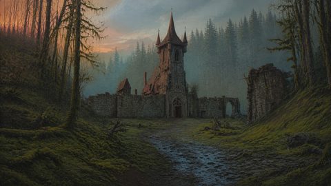 GRID THUMBNAIL — Weathered stone keep with Gothic tower within mossy forest walls, crumbling archway and ruins, viewed along a wet, stony path at sunset.