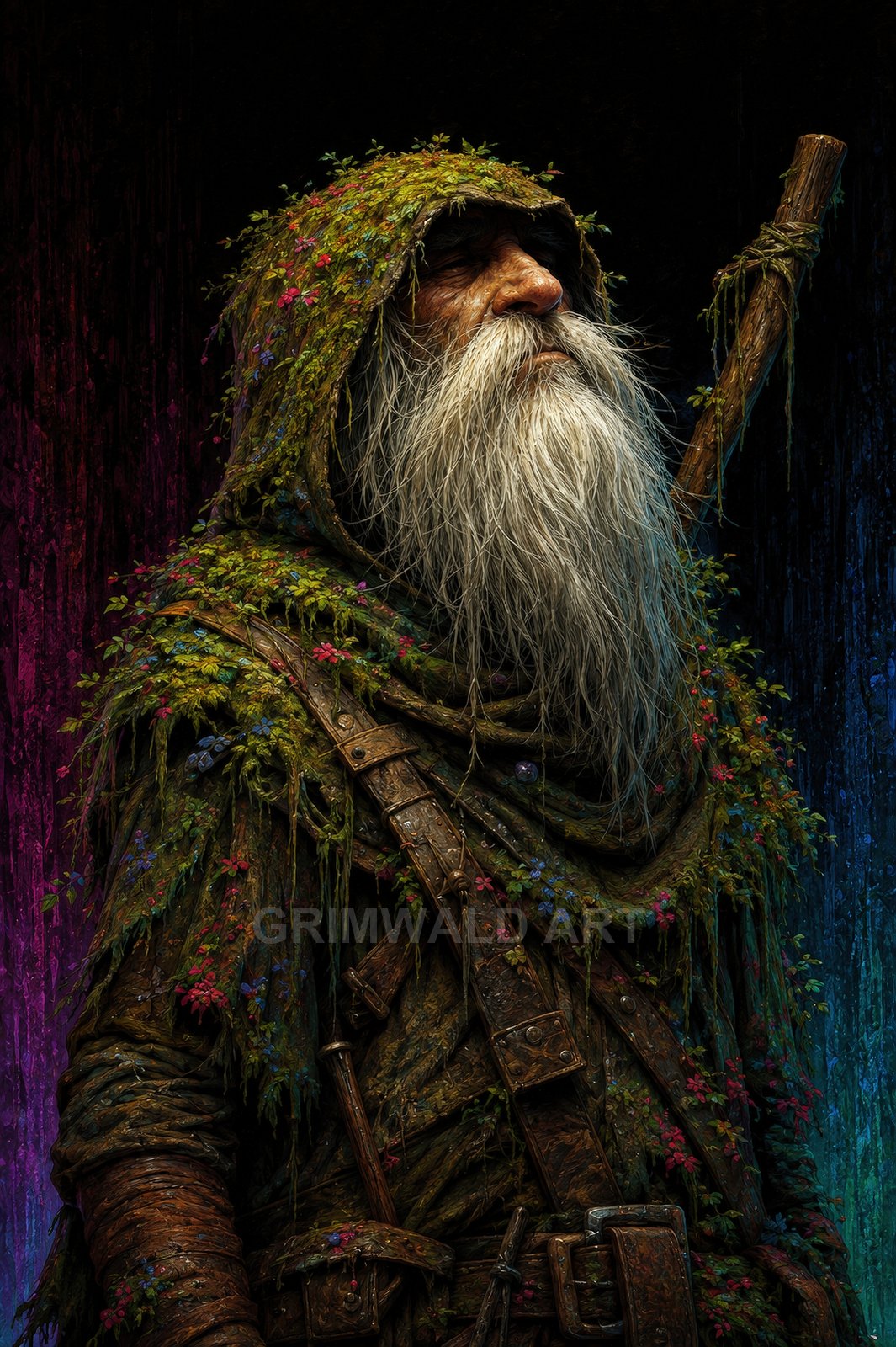 An elderly bearded druid in a moss-covered hooded cloak with tiny flowers, gripping a wooden staff against a dark, multicoloured backdrop.