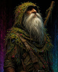GRID THUMBNAIL — An elderly bearded druid in a moss-covered hooded cloak with tiny flowers, gripping a wooden staff against a dark, multicoloured backdrop.