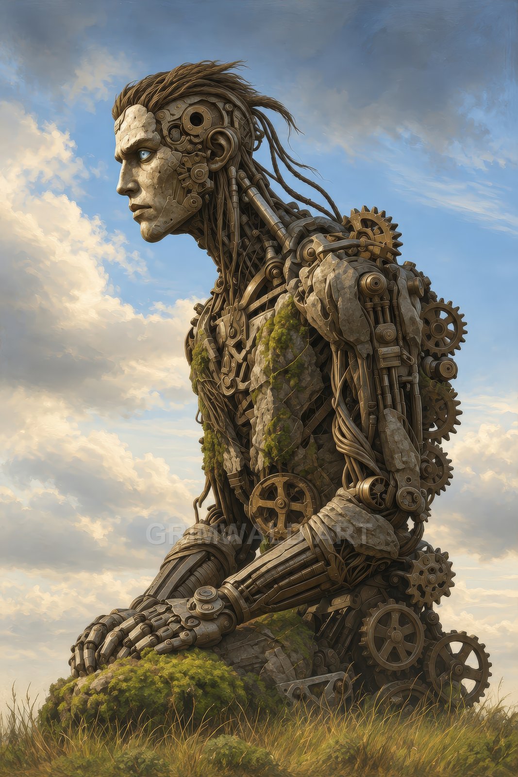 A colossal humanoid robot of stone and brass gears kneels in grassy plains under a bright daytime sky, moss clinging to its body.