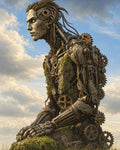 GRID THUMBNAIL — A colossal humanoid robot of stone and brass gears kneels in grassy plains under a bright daytime sky, moss clinging to its body.