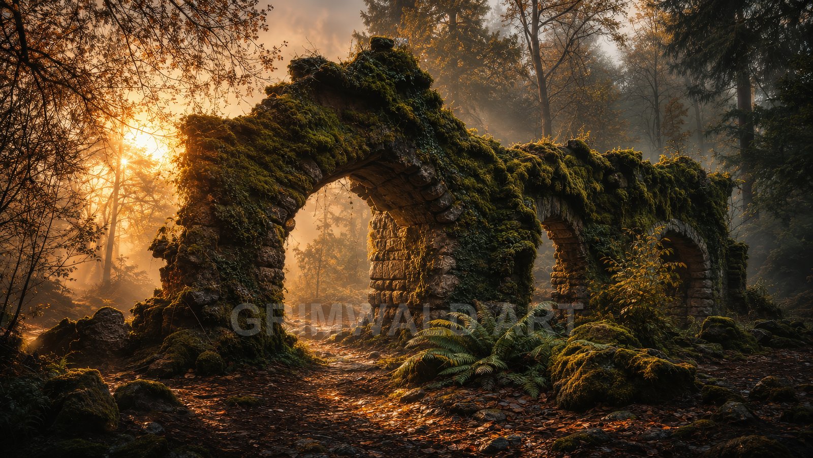Moss-covered stone arches of an ancient ruin in a misty forest, golden sunlight streaming through trees and ferns on a leaf-strewn path.