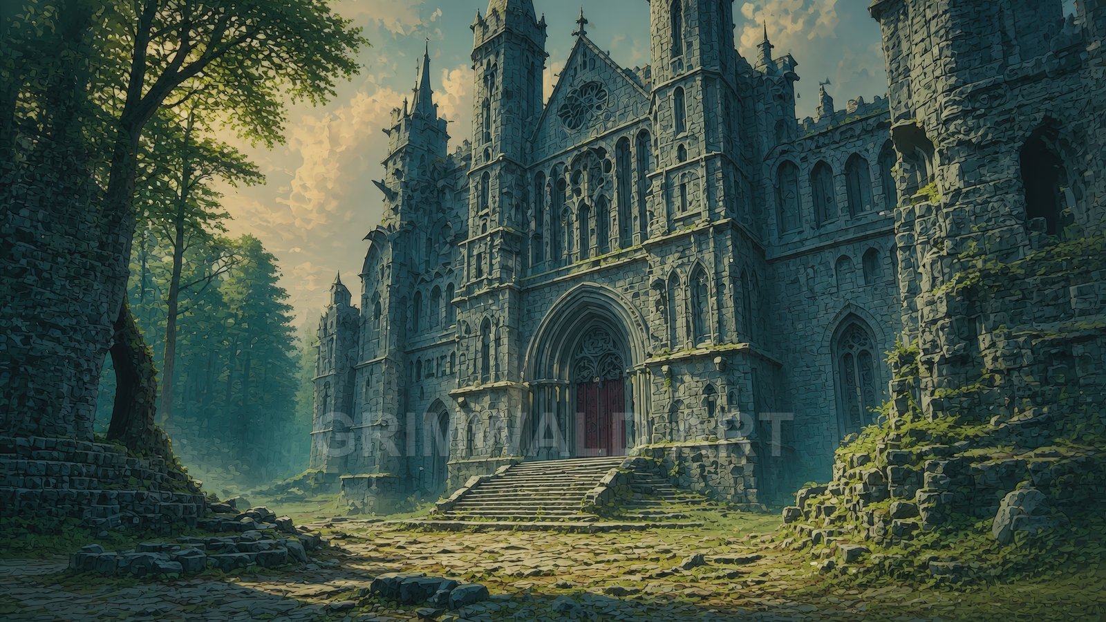 Grand gothic stone cathedral with red doors in a forest clearing, sunlit at golden hour, moss-covered ruins and cobbled steps leading to the entrance.