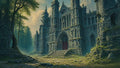 GRID THUMBNAIL — Grand gothic stone cathedral with red doors in a forest clearing, sunlit at golden hour, moss-covered ruins and cobbled steps leading to the entrance.