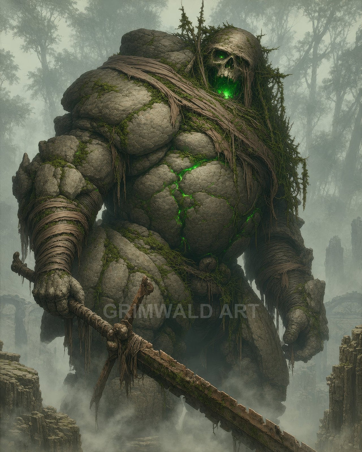 Towering stone colossus with a skull face and green glow stands amid misty ruins, wrapped in vines, gripping a massive weathered sword.