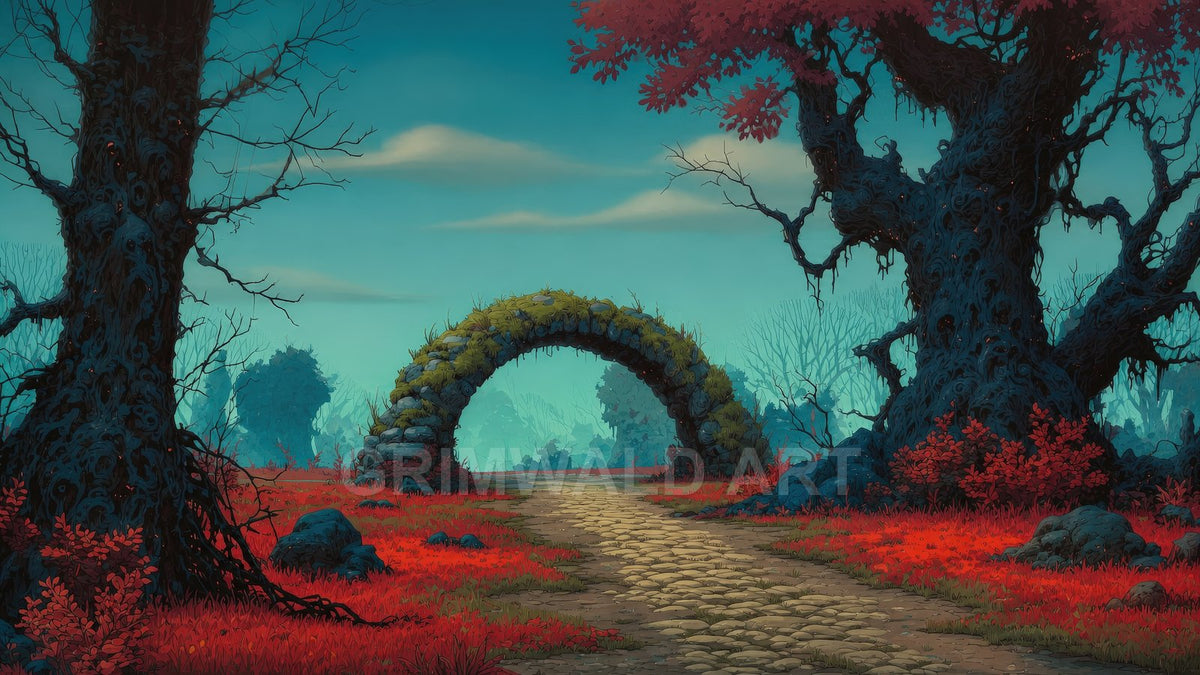 Cobbled path curves beneath a moss-covered stone arch between gnarled dark trees and vivid red undergrowth, under a pale teal daytime sky.