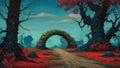 GRID THUMBNAIL — Cobbled path curves beneath a moss-covered stone arch between gnarled dark trees and vivid red undergrowth, under a pale teal daytime sky.