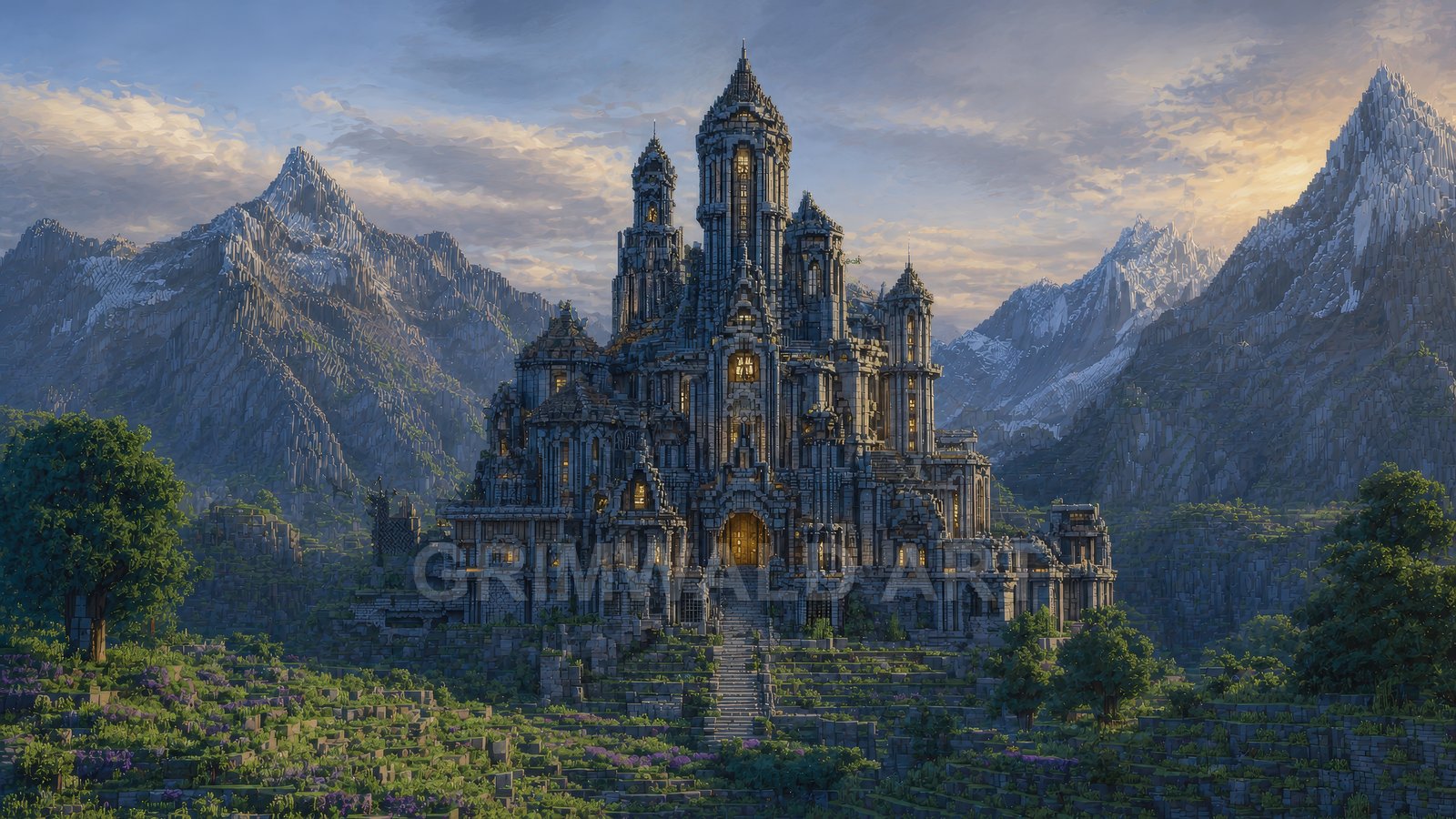 Grand stone castle with glowing windows set in a mountain valley at golden hour, surrounded by terraces, trees and distant jagged peaks.