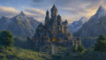 GRID THUMBNAIL — Grand stone castle with glowing windows set in a mountain valley at golden hour, surrounded by terraces, trees and distant jagged peaks.