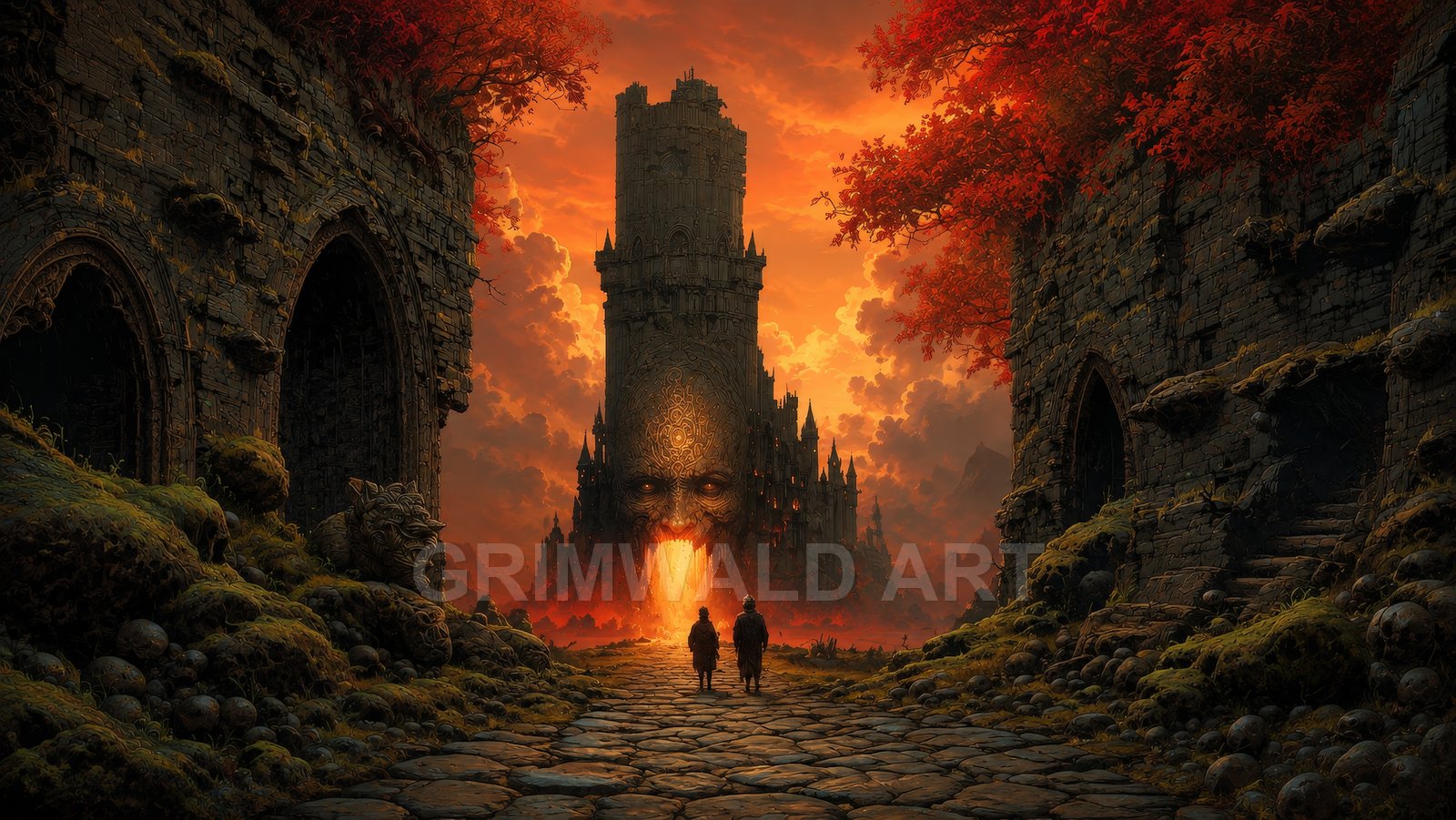Two travellers approach a demonic-faced tower spilling fire, framed by mossy ruined arches and red autumn trees beneath a blazing orange sunset sky.