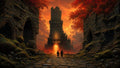 GRID THUMBNAIL — Two travellers approach a demonic-faced tower spilling fire, framed by mossy ruined arches and red autumn trees beneath a blazing orange sunset sky.