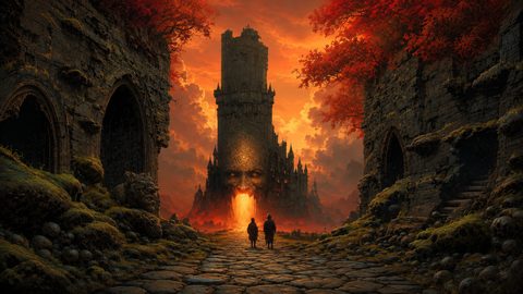 GRID THUMBNAIL — Two travellers approach a demonic-faced tower spilling fire, framed by mossy ruined arches and red autumn trees beneath a blazing orange sunset sky.