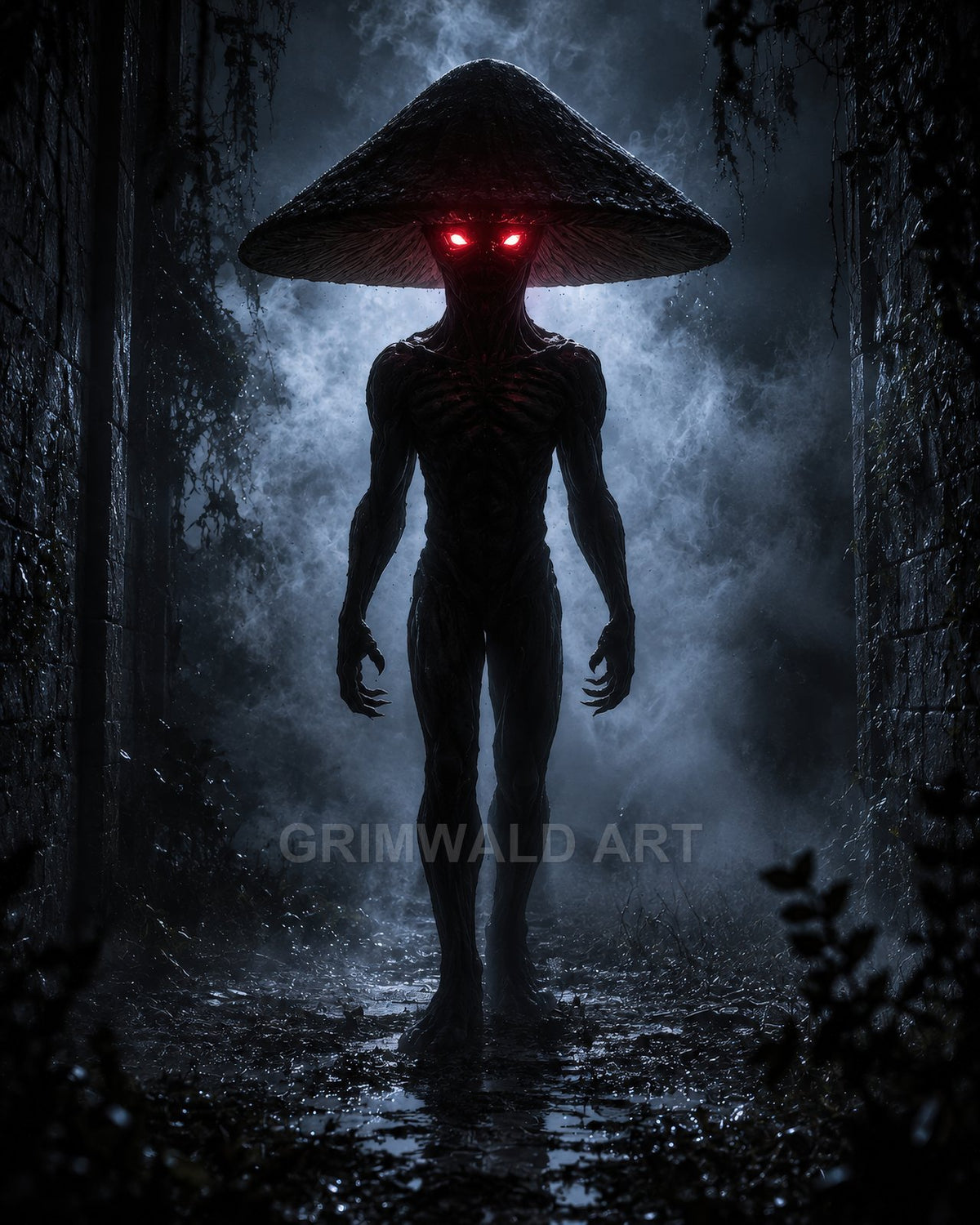 Silhouetted demon with mushroom-like hat and glowing red eyes strides through misty ruins at night, wet cobblestones and overgrown walls backlit by moonlight.