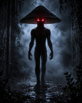 GRID THUMBNAIL — Silhouetted demon with mushroom-like hat and glowing red eyes strides through misty ruins at night, wet cobblestones and overgrown walls backlit by moonlight.