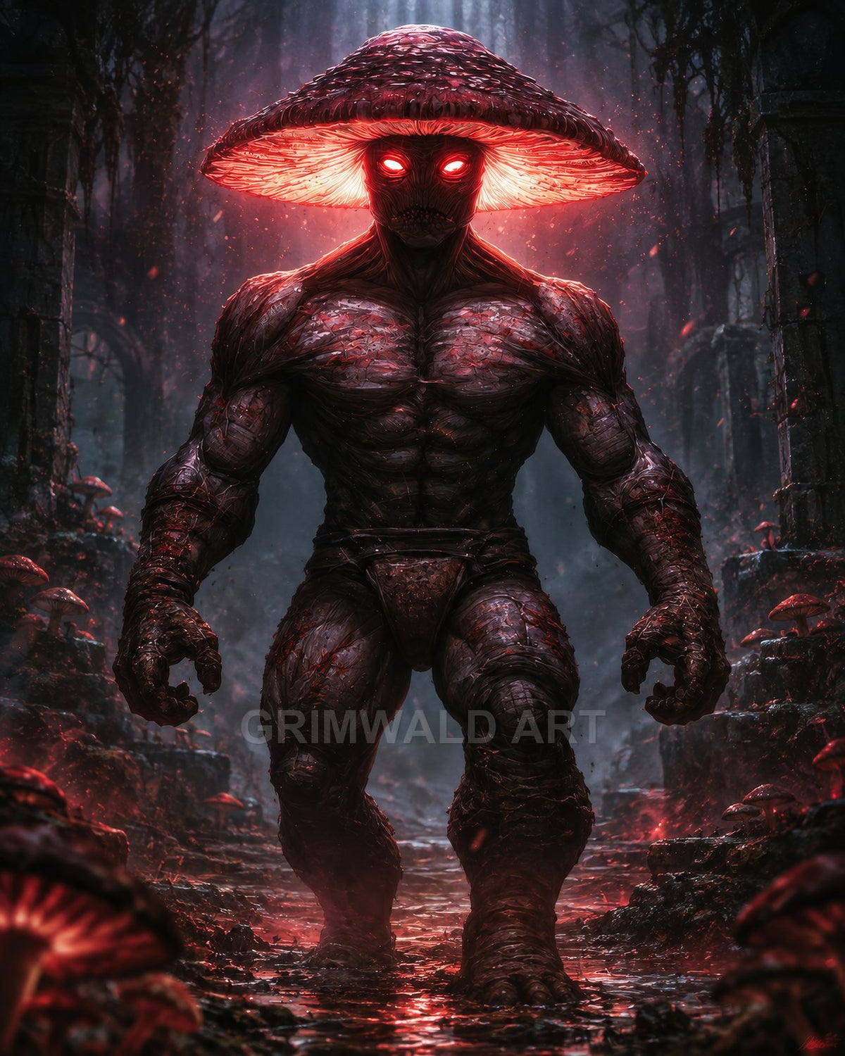 Towering muscular mushroom-crowned demon with glowing red eyes strides through dark ruins and fungi-lit path, under eerie red luminescence in a shadowed forest.