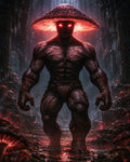 GRID THUMBNAIL — Towering muscular mushroom-crowned demon with glowing red eyes strides through dark ruins and fungi-lit path, under eerie red luminescence in a shadowed forest.