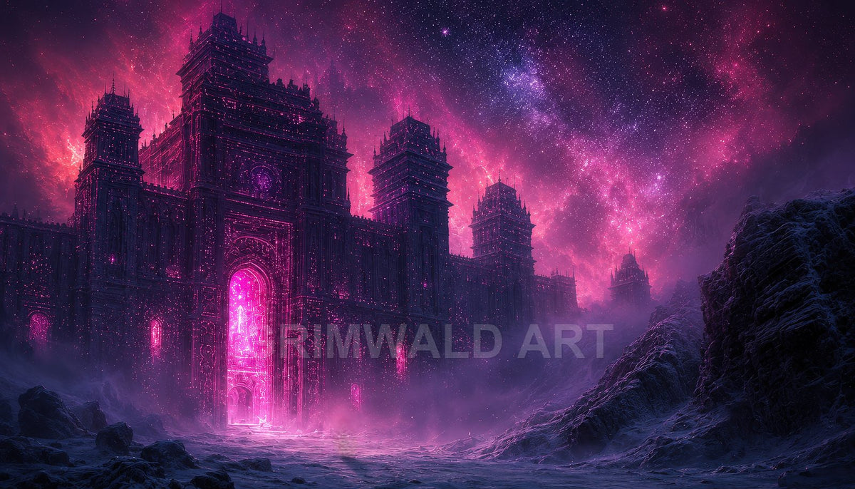 Vast dark castle with glowing magenta gate under star-filled nebula sky, surrounded by icy rocky mountains and drifting mist at night.