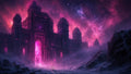 GRID THUMBNAIL — Vast dark castle with glowing magenta gate under star-filled nebula sky, surrounded by icy rocky mountains and drifting mist at night.