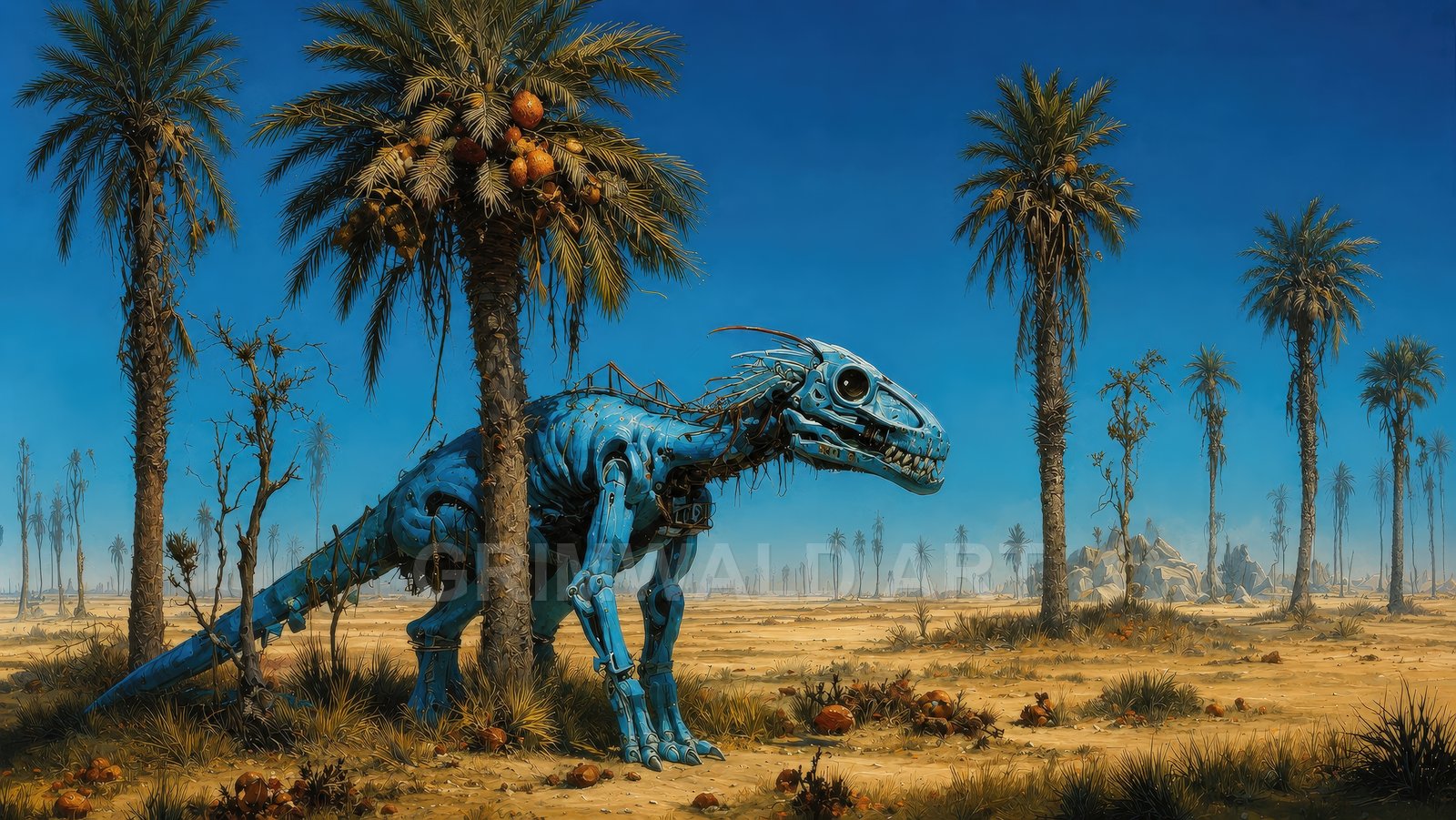 A blue mechanical dinosaur prowls a barren desert of tall palm trees under a clear midday sky, cables and plates glinting.