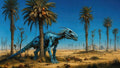 GRID THUMBNAIL — A blue mechanical dinosaur prowls a barren desert of tall palm trees under a clear midday sky, cables and plates glinting.
