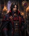 GRID THUMBNAIL — A stern male cleric in blue and red regalia holds a gilded staff inside a candlelit gothic cathedral, flanked by armoured guards and banners.