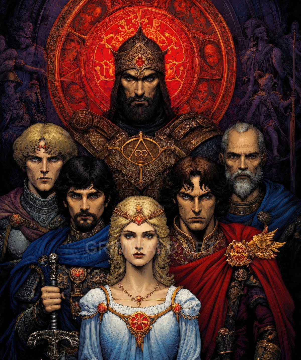 Crowned bearded king in ornate armour before a glowing red sigil, flanked by stern knights and a princess, dramatic firelit interior with carved figures.