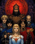 GRID THUMBNAIL — Crowned bearded king in ornate armour before a glowing red sigil, flanked by stern knights and a princess, dramatic firelit interior with carved figures.