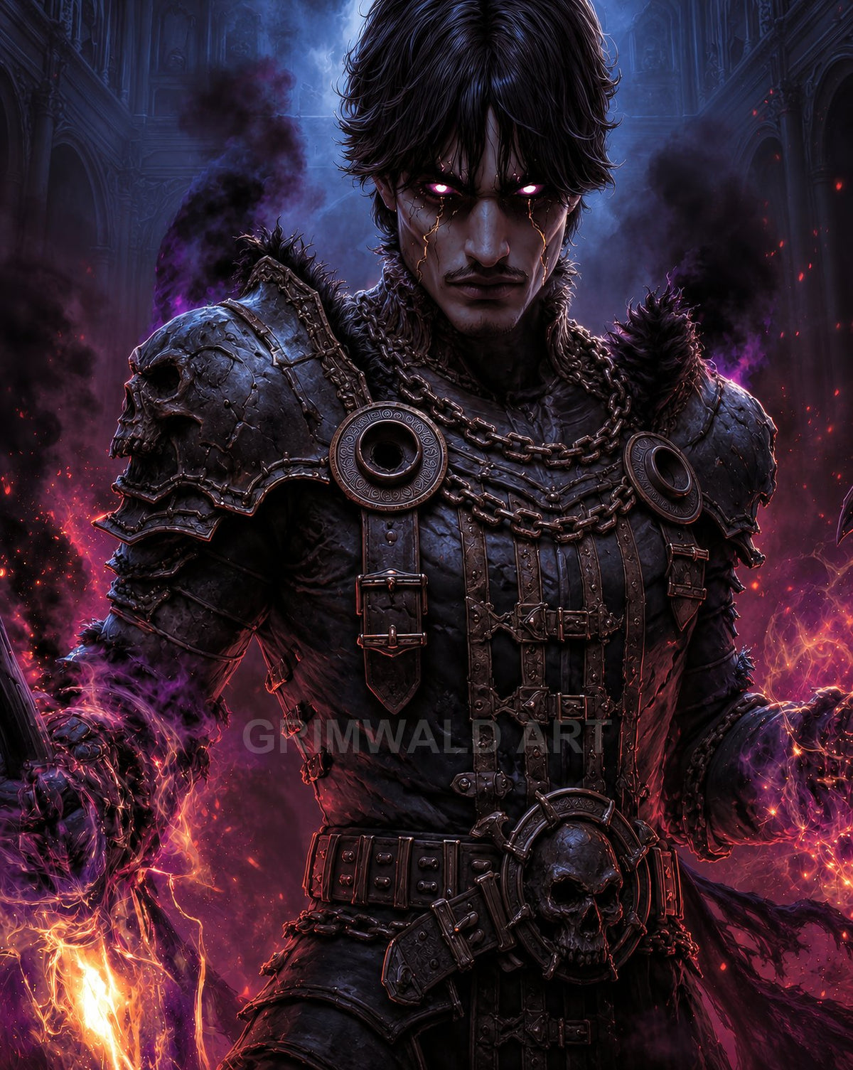 Armoured male warrior with glowing purple eyes channels fiery magic in a gothic cathedral, skull-and-chain armour and a smouldering sword.