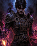 GRID THUMBNAIL — Armoured male warrior with glowing purple eyes channels fiery magic in a gothic cathedral, skull-and-chain armour and a smouldering sword.