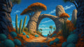 GRID THUMBNAIL — Sunlit rocky path beneath a huge stone arch, flanked by cacti, teal shrubs, and orange-topped trees, opening toward a calm blue coastal horizon.