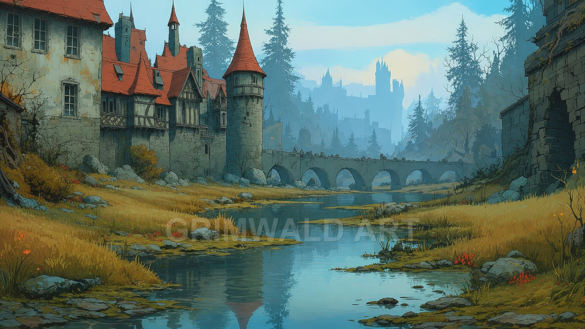 A medieval riverside village with red-roofed towers and an arched stone bridge reflected in calm water, distant castle silhouettes and pines beyond.