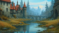 GRID THUMBNAIL — A medieval riverside village with red-roofed towers and an arched stone bridge reflected in calm water, distant castle silhouettes and pines beyond.