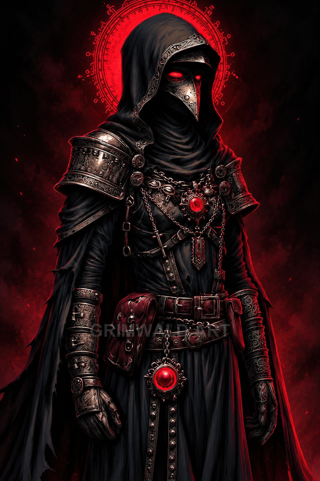Hooded plague doctor in ornate armour and chains, glowing red eyes and talismans, framed by a crimson runic halo against a dark background.