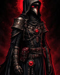 GRID THUMBNAIL — Hooded plague doctor in ornate armour and chains, glowing red eyes and talismans, framed by a crimson runic halo against a dark background.