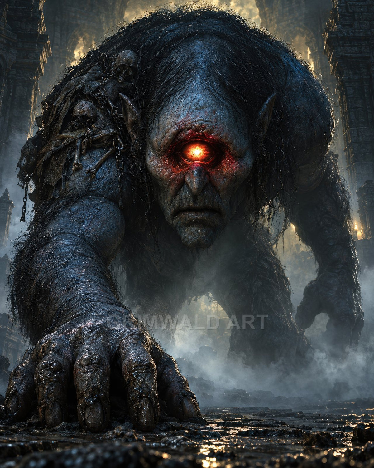 A massive one-eyed giant with glowing red eye crawls through ancient stone ruins, chains and bones on its shoulder, looming amid mist in twilight.